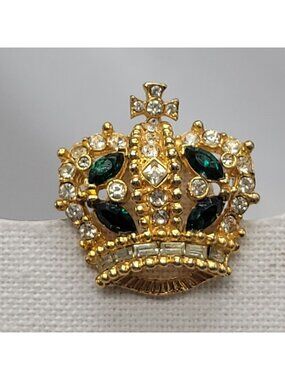 Vtg 50s Bellini Gold-Tone Crown Brooch Pin With Green & Clear Rhinestones Signed